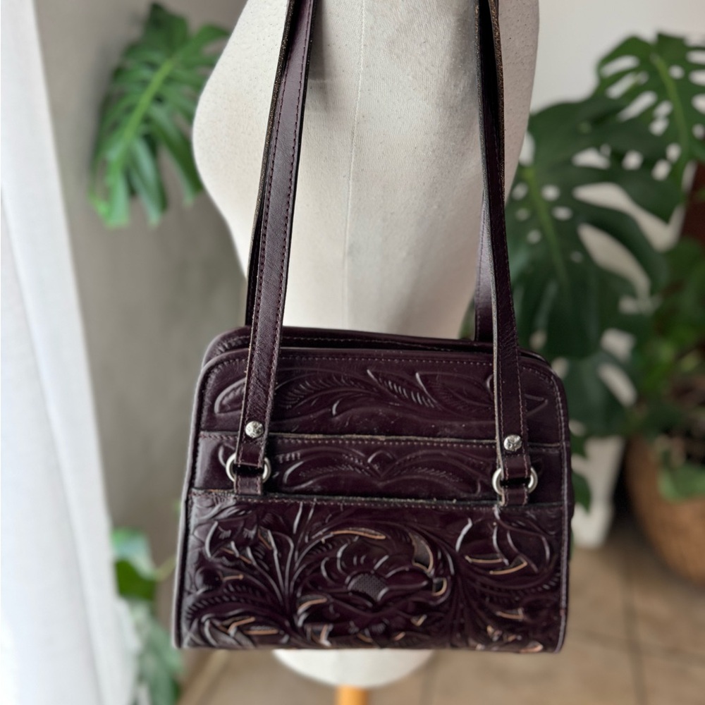 Patricia Nash Hand-Tooled Leather Shoulder Bag –‎ Burgundy Floral – Rare Style